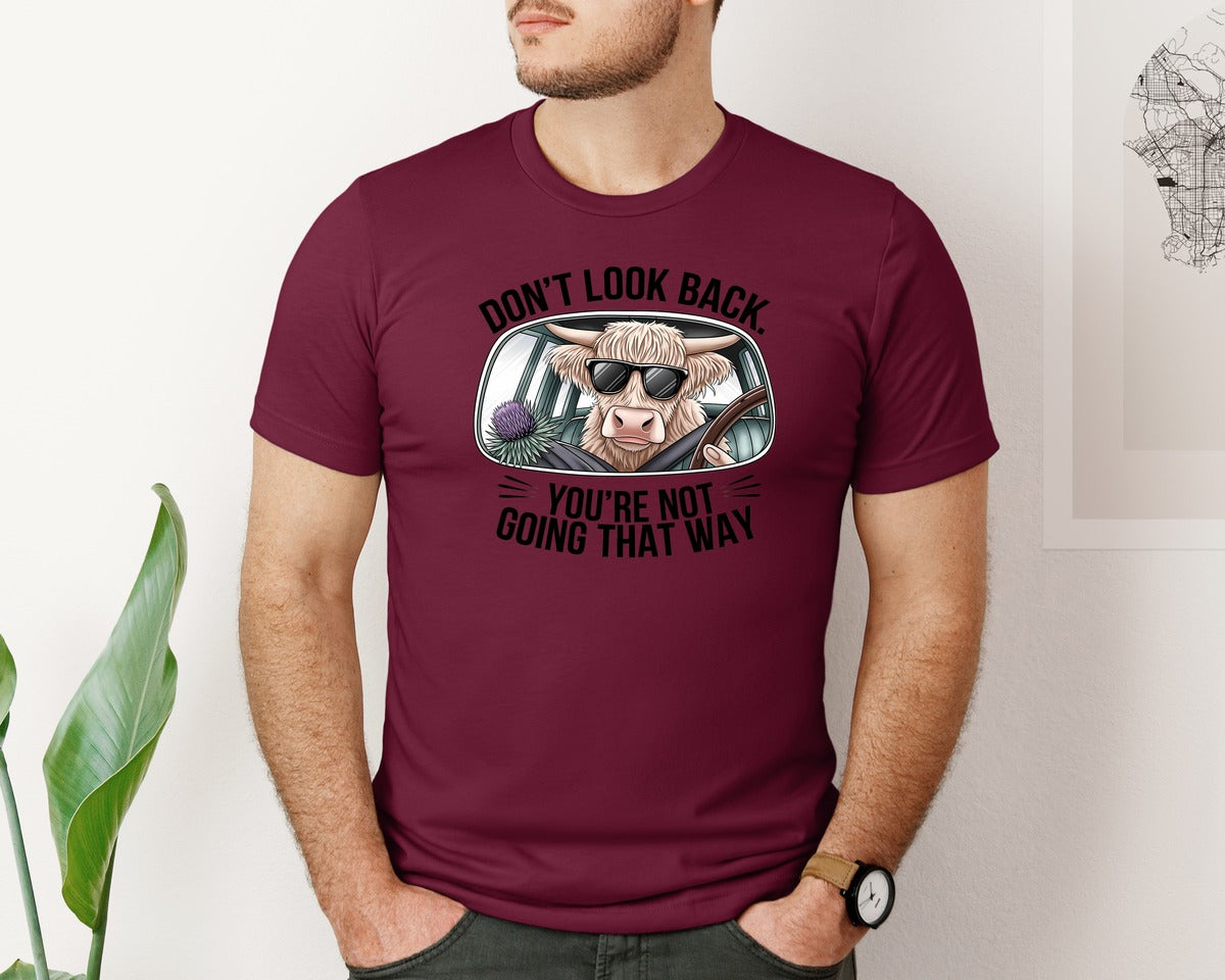 brand:Bella Canvas|color:Heather Maroon|Dont Look Back Highland Cow 4 Graphic T-Shirt