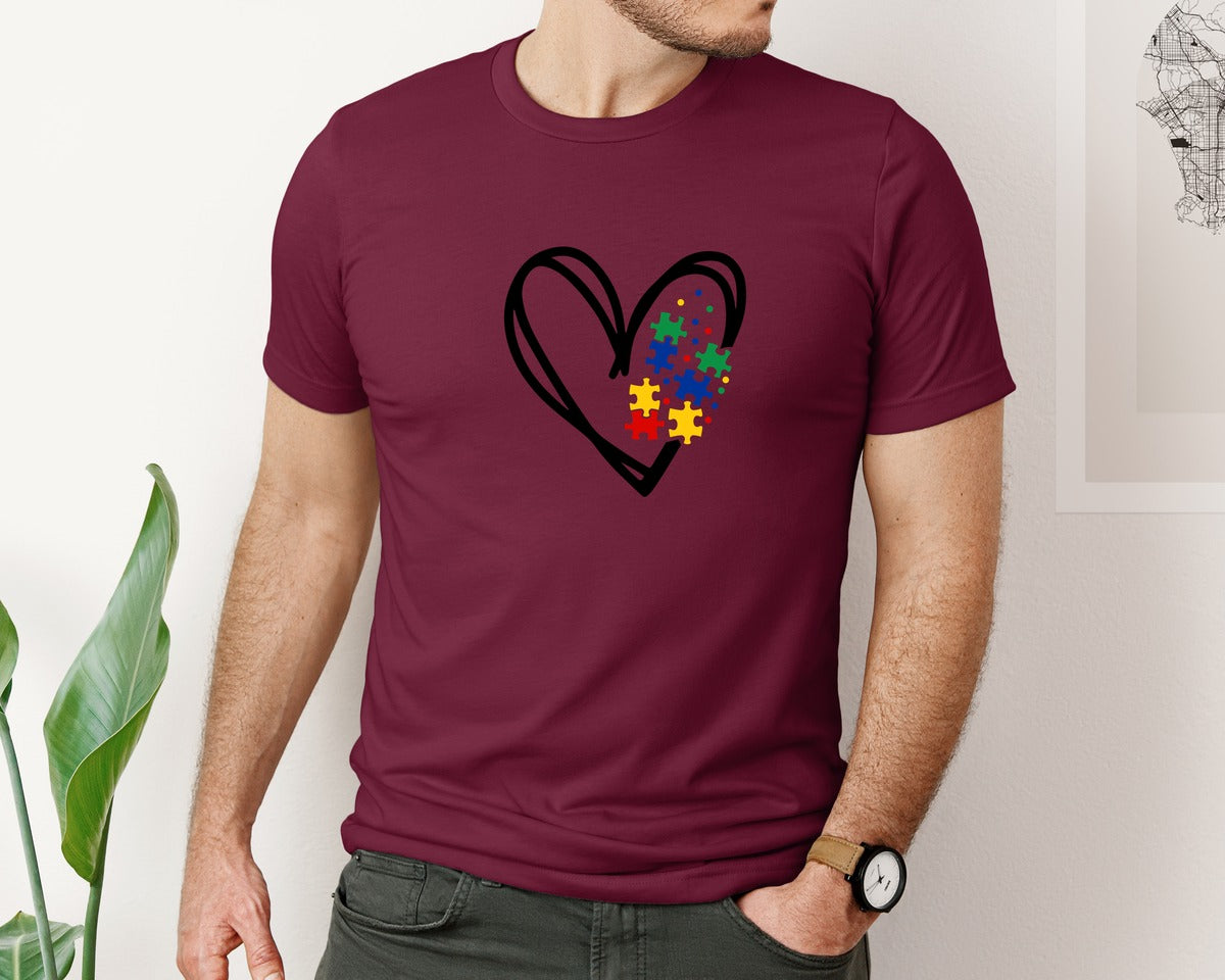 brand:Bella Canvas|color:Heather Maroon|Autism Heart Autism Puzzle Graphic T-Shirt
