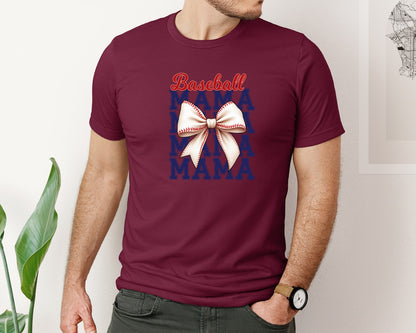 brand:Bella Canvas|color:Heather Maroon|Baseball Mama Mom Coquette Bow Game Graphic T-Shirt