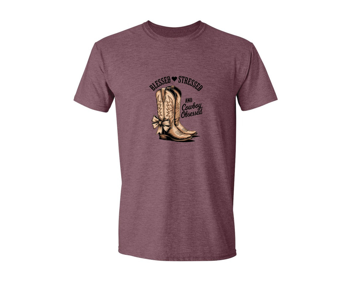 brand:Generic|color:Heather Maroon|Blessed Stressed Mom Western Mothers Day 2 Graphic T-Shirt