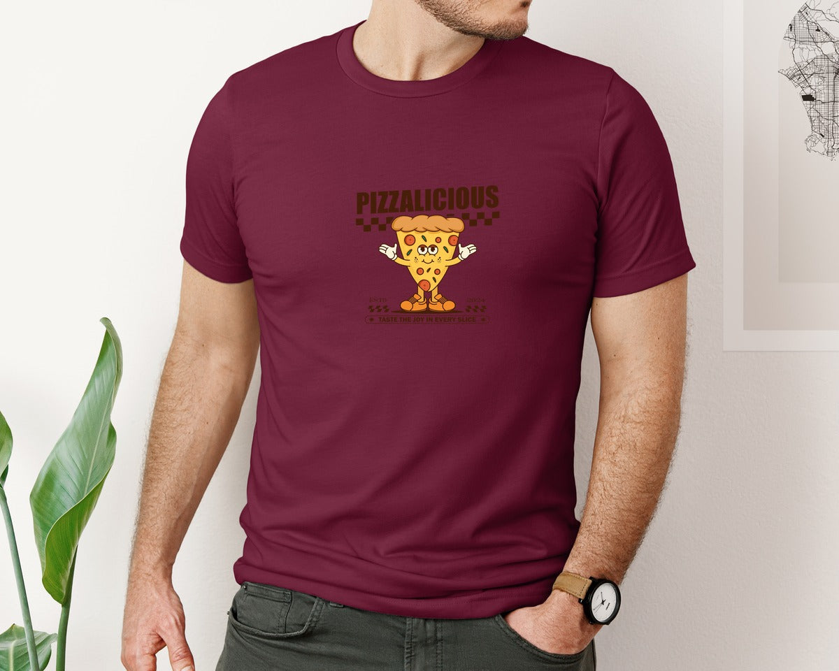 brand:Bella Canvas|color:Heather Maroon|Vintage Slice Pizza Cartoon Character Graphic T-Shirt