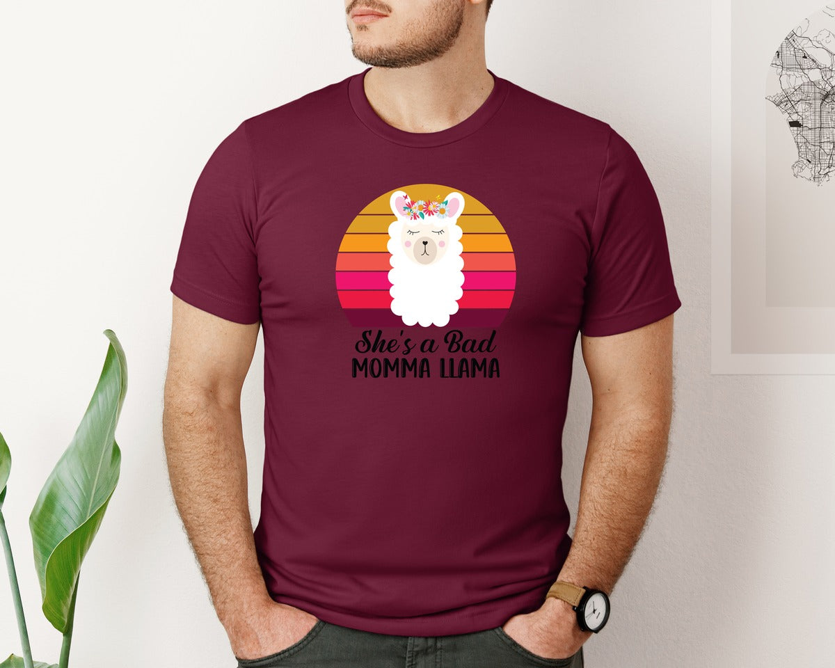 brand:Bella Canvas|color:Heather Maroon|Shes A Bad Momma Llama Retro T Shirt Graphic T-Shirt
