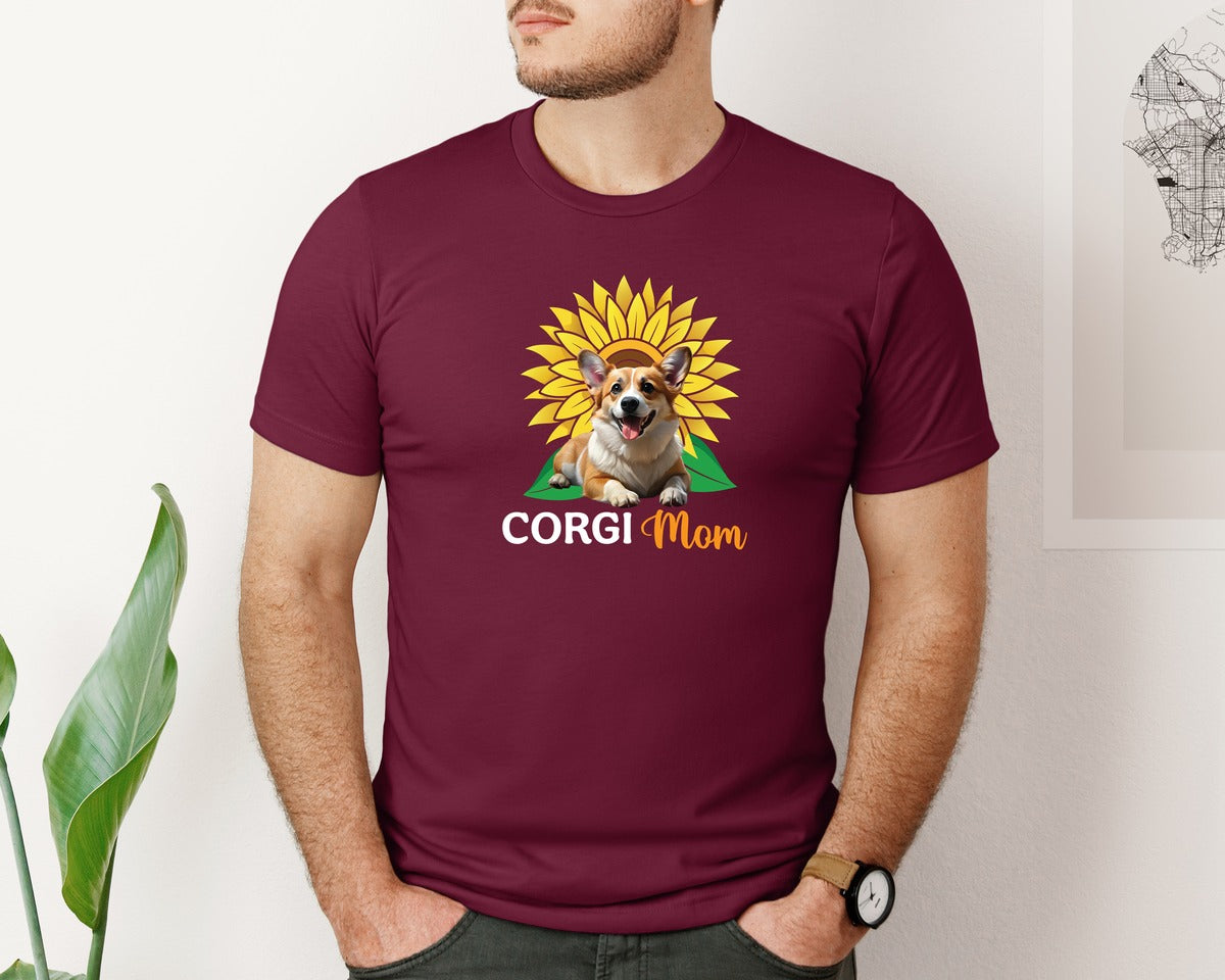 brand:Bella Canvas|color:Heather Maroon|Corgi Mom Sunflower Graphic T-Shirt