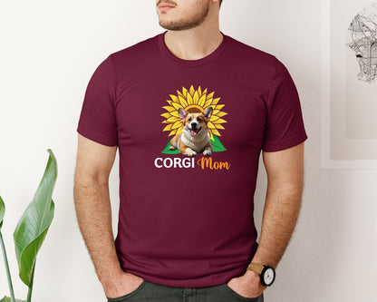 brand:Bella Canvas|color:Heather Maroon|Corgi Mom Sunflower Graphic T-Shirt