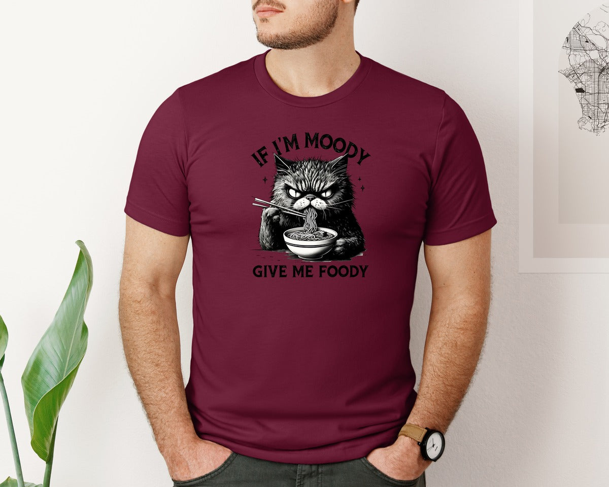 brand:Bella Canvas|color:Heather Maroon|Funny Sarcastic Cat Ramen If Im Moody Graphic T-Shirt