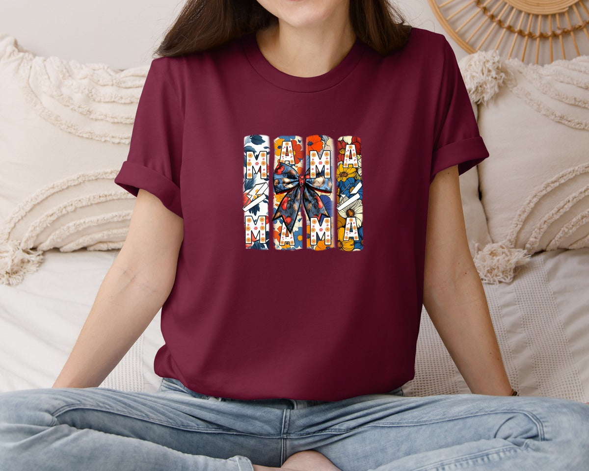 brand:Bella Canvas|color:Heather Maroon|Floral Mama Coquette Bow Mothers Day 3 Graphic T-Shirt