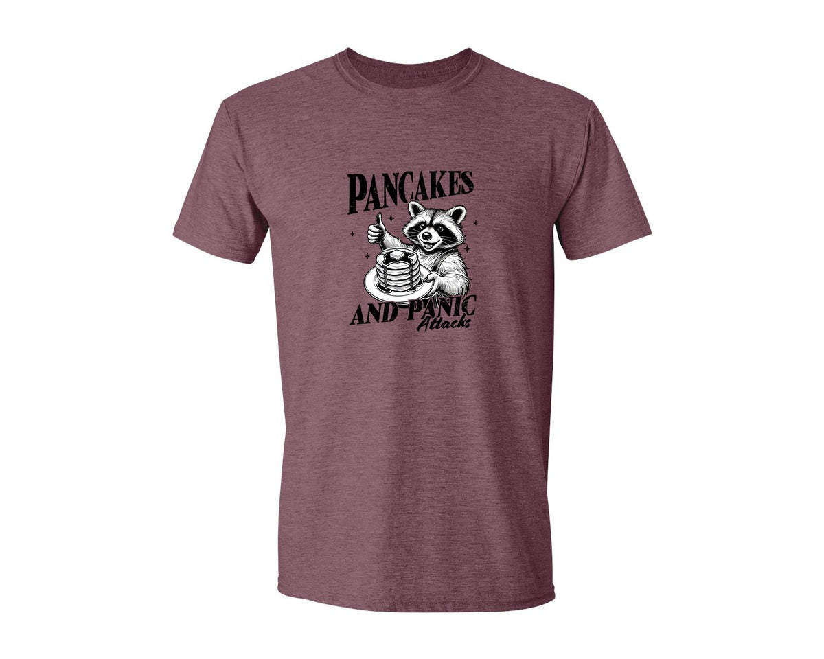 brand:Generic|color:Heather Maroon|Mental Health Raccoon Pancakes And Panic Graphic T-Shirt