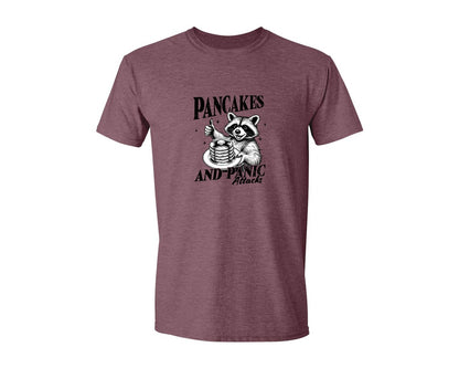 brand:Generic|color:Heather Maroon|Mental Health Raccoon Pancakes And Panic Graphic T-Shirt