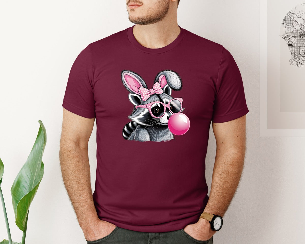 brand:Bella Canvas|color:Heather Maroon|Cute Raccoon With Glasses Bubble Gum 6 Graphic T-Shirt
