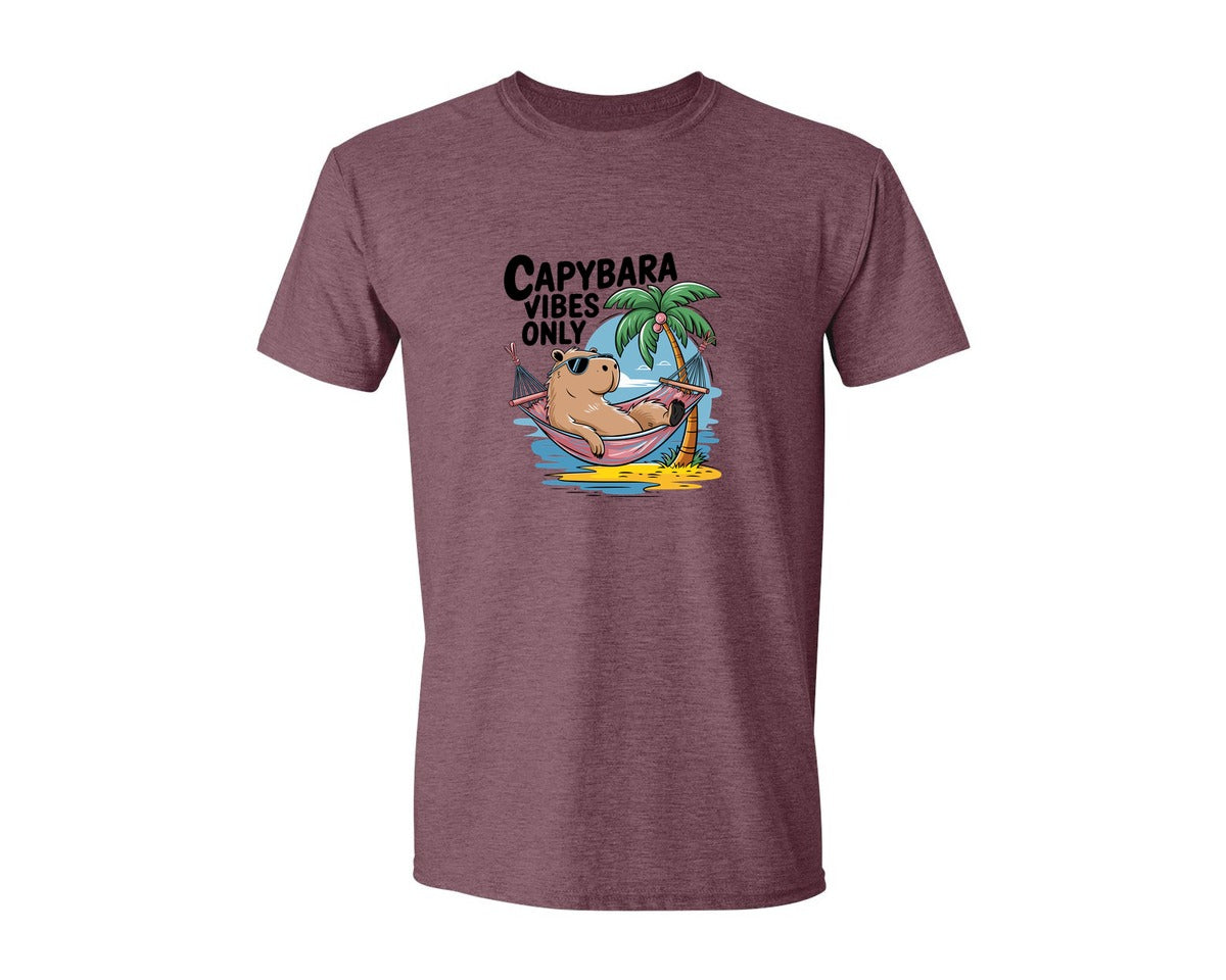 brand:Generic|color:Heather Maroon|Capybara Vibes Only Summer T Shirt Print Graphic T-Shirt