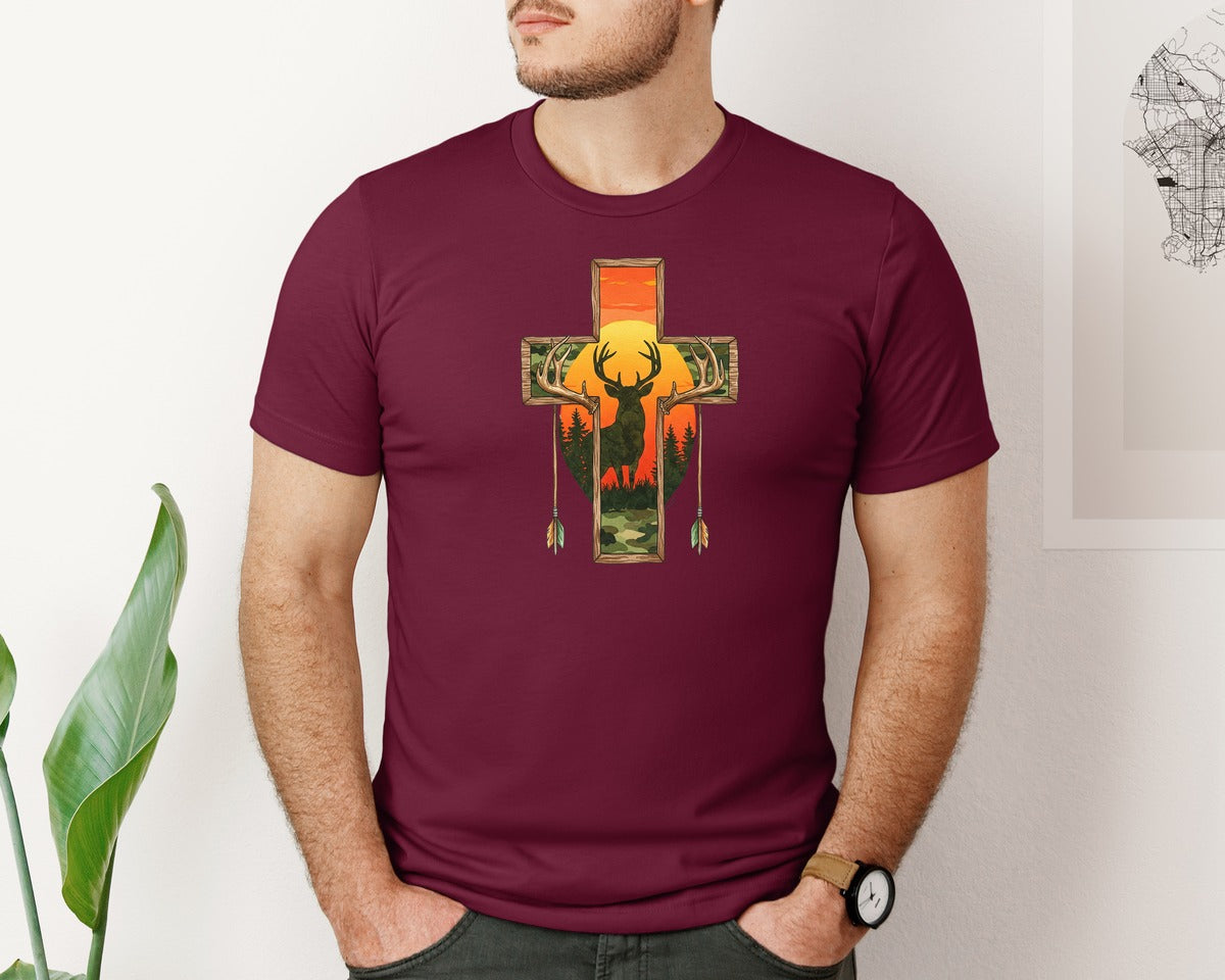 brand:Bella Canvas|color:Heather Maroon|Deer Cross Rustic Hunting Cross Sub Graphic T-Shirt