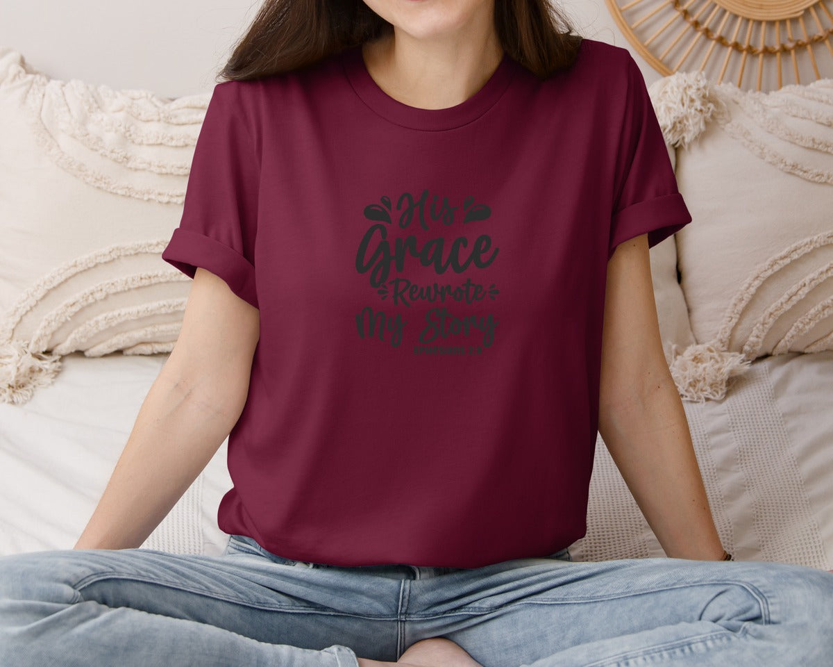 brand:Bella Canvas|color:Heather Maroon|His Grace Rewrites My Story Graphic T-Shirt