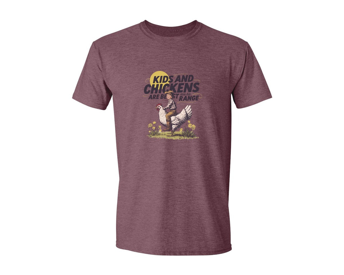 brand:Generic|color:Heather Maroon|Kids And Chickens Vintage Farm Graphic T-Shirt