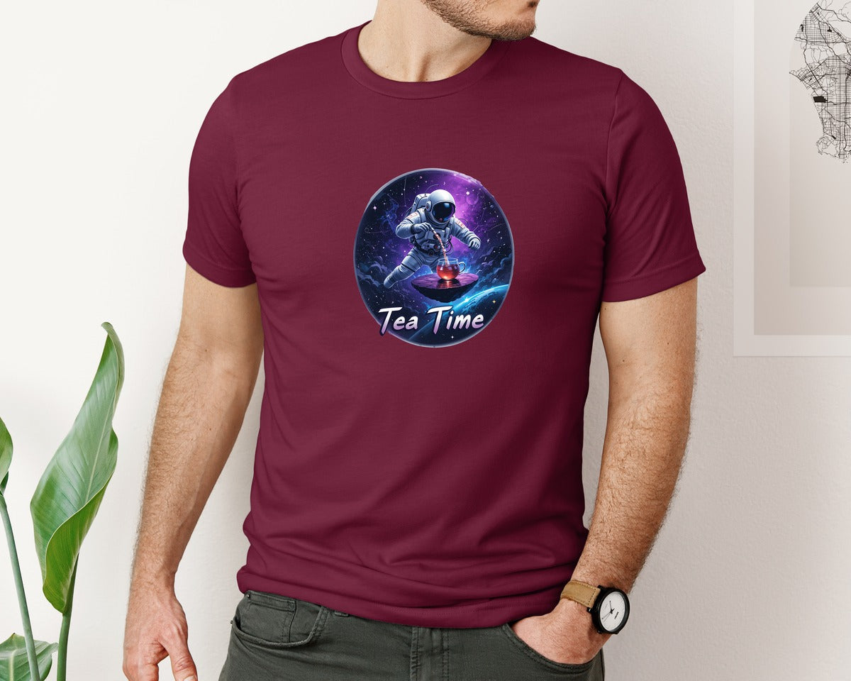 brand:Bella Canvas|color:Heather Maroon|Astronaut Tea Time In Space T Shirt Graphic T-Shirt