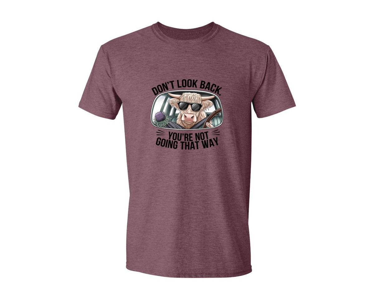 brand:Generic|color:Heather Maroon|Dont Look Back Highland Cow 4 Graphic T-Shirt