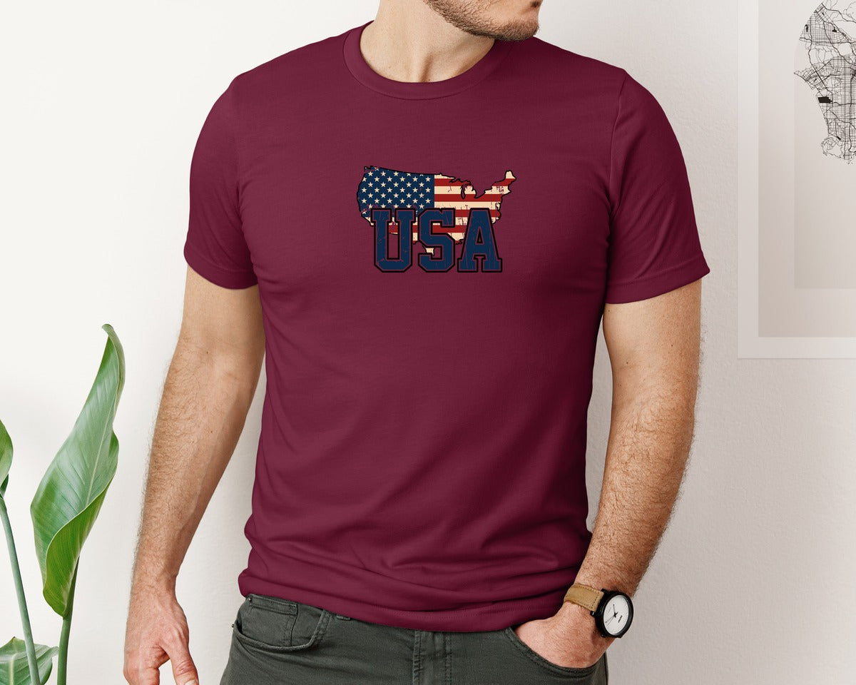 brand:Bella Canvas|color:Heather Maroon|America Usa Map 4Th Of July Patriotic Graphic T-Shirt