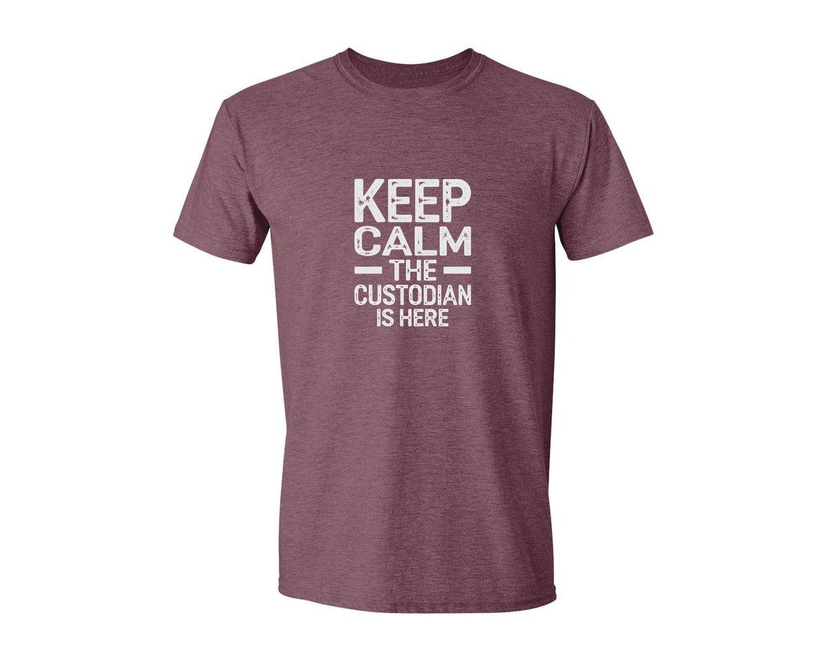 brand:Generic|color:Heather Maroon|Keep Calm Custodian Here Graphic T-Shirt