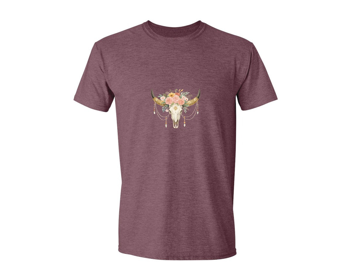 brand:Generic|color:Heather Maroon|Rose Flowers Western Bull Skull Longhorn 5 Graphic T-Shirt