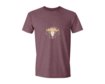 brand:Generic|color:Heather Maroon|Rose Flowers Western Bull Skull Longhorn 5 Graphic T-Shirt