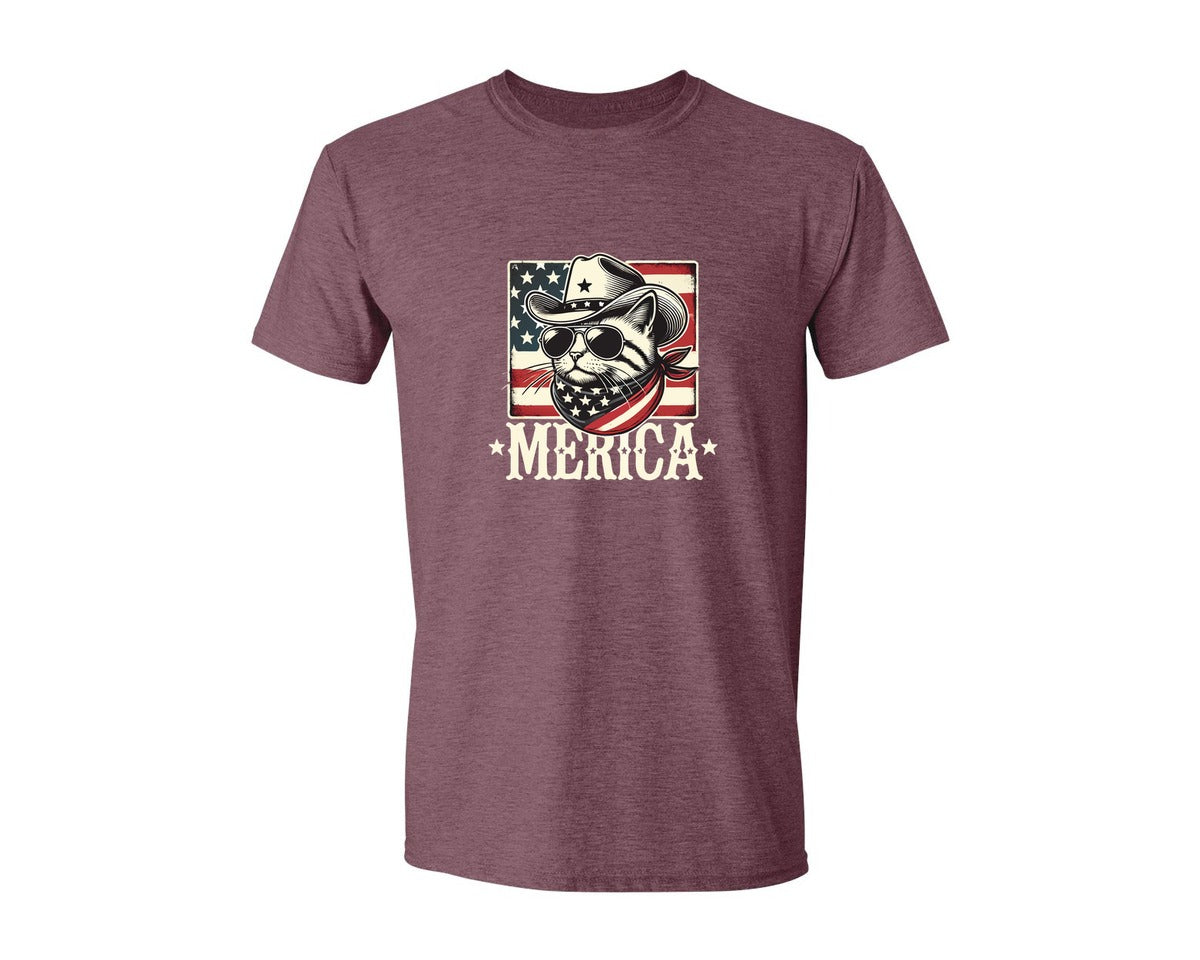 brand:Generic|color:Heather Maroon|Merica Cat Patriotic Cowboy Cat Graphic T-Shirt