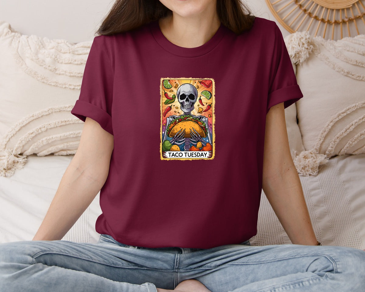 brand:Bella Canvas|color:Heather Maroon|Skeleton Tarot Card Cinco De Mayo Tshirt Graphic T-Shirt