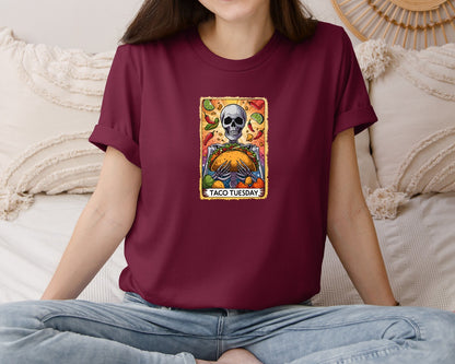 brand:Bella Canvas|color:Heather Maroon|Skeleton Tarot Card Cinco De Mayo Tshirt Graphic T-Shirt