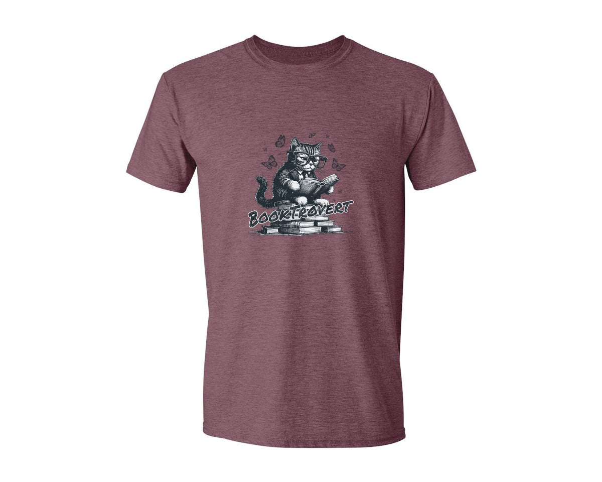 brand:Generic|color:Heather Maroon|Book Trovert Reading Cat Shirt Graphic T-Shirt