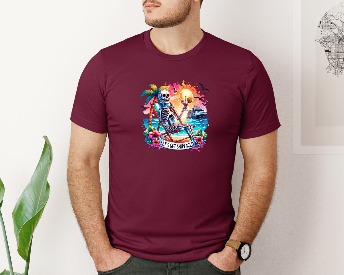 brand:Bella Canvas|color:Heather Maroon|Cruise Skeleton Funny Graphic T-Shirt