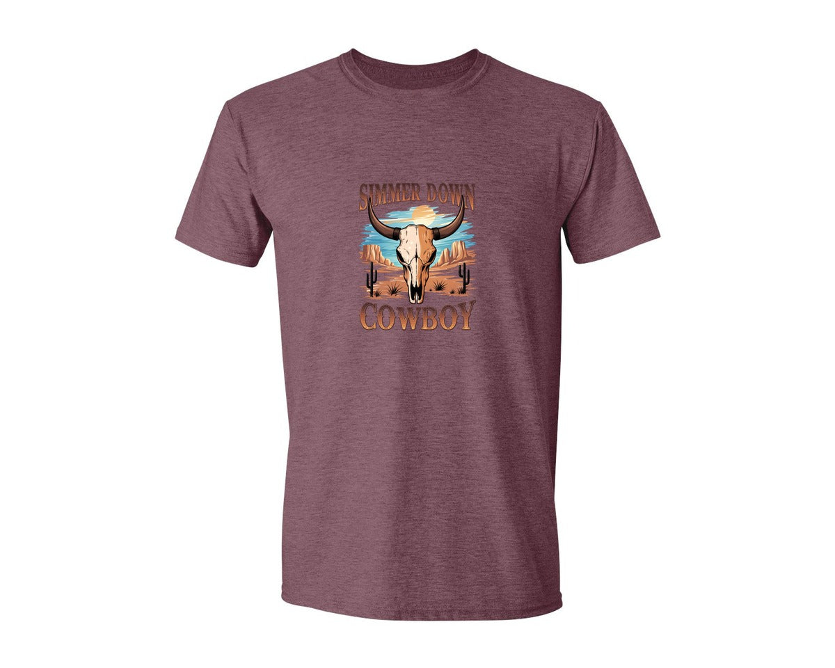brand:Generic|color:Heather Maroon|Simmer Down Cowboy Western Skull 5 Graphic T-Shirt