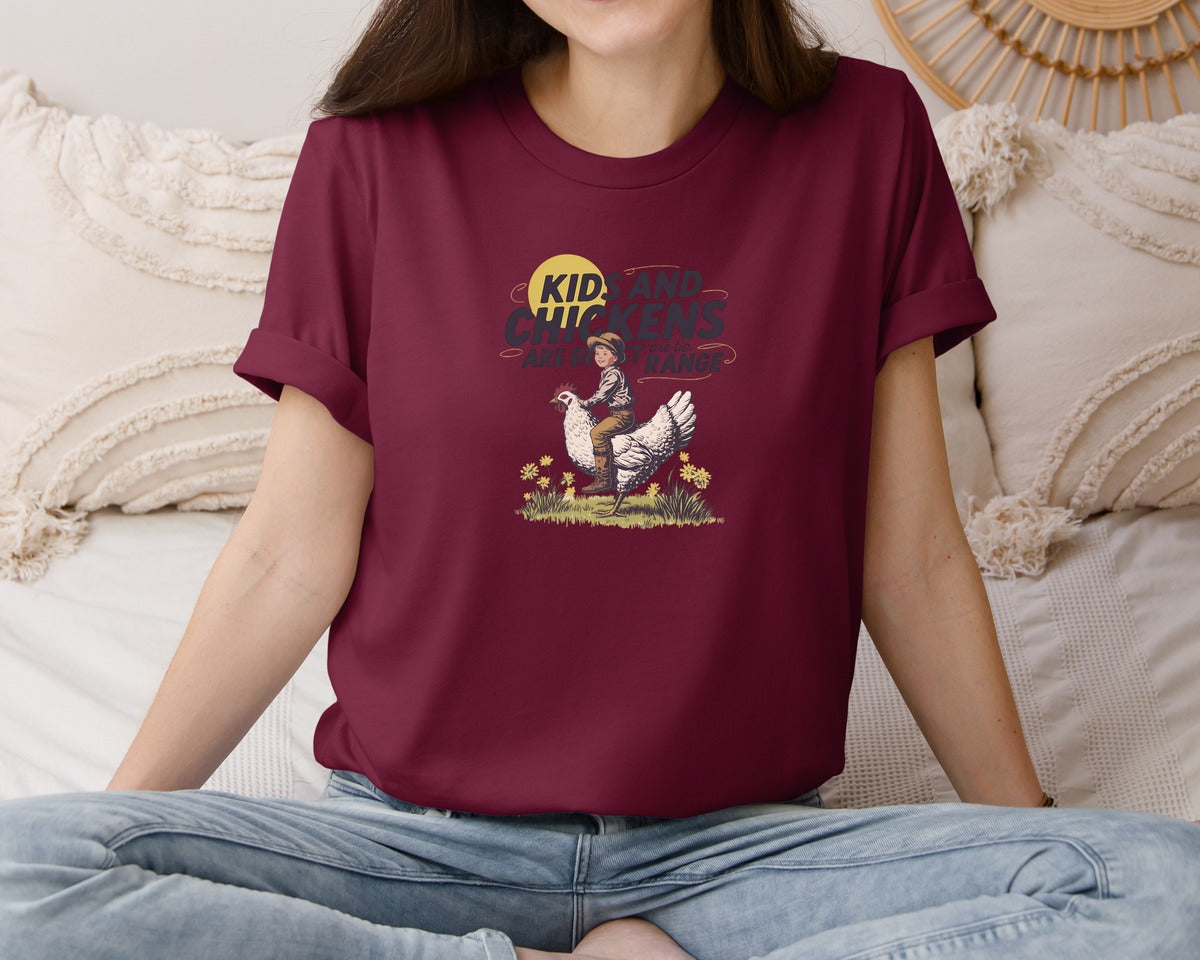 brand:Bella Canvas|color:Heather Maroon|Kids And Chickens Vintage Farm Graphic T-Shirt