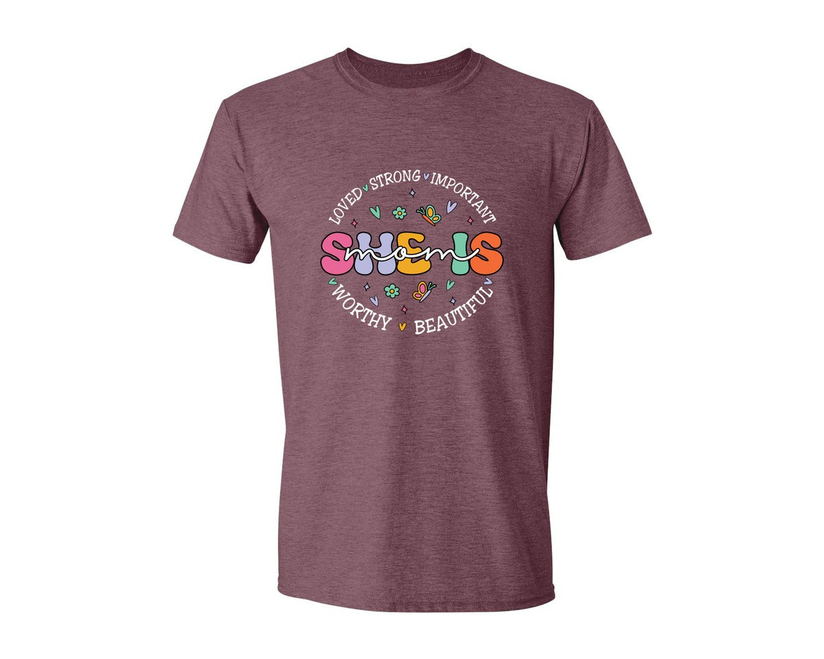 brand:Generic|color:Heather Maroon|She Is Mom Happy Mama Mothers Day Graphic T-Shirt