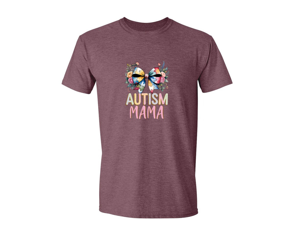brand:Generic|color:Heather Maroon|Autism Mama Elegant Floral Puzzle Bow Graphic T-Shirt