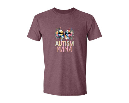 brand:Generic|color:Heather Maroon|Autism Mama Elegant Floral Puzzle Bow Graphic T-Shirt