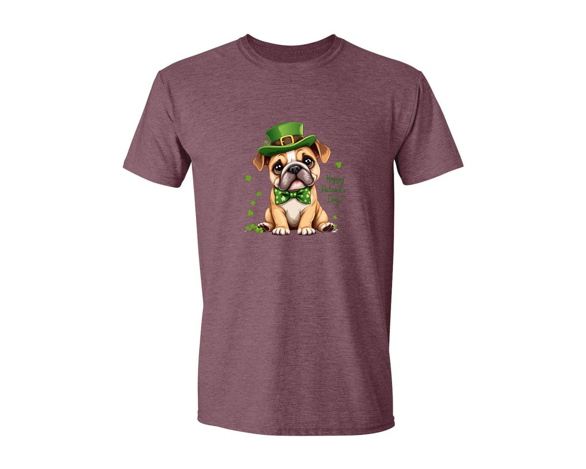 brand:Generic|color:Heather Maroon|St Patricks Day Bulldog Graphic T-Shirt
