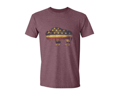 brand:Generic|color:Heather Maroon|American Bison Patriotic Usa Flag 4 Graphic T-Shirt