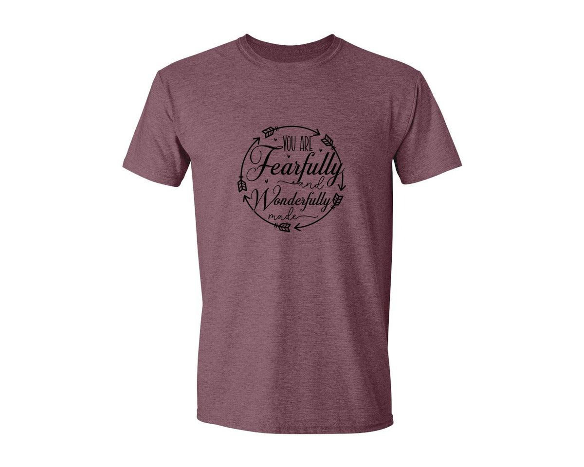 brand:Generic|color:Heather Maroon|You Are Fearfully And Sleeve Design Graphic T-Shirt