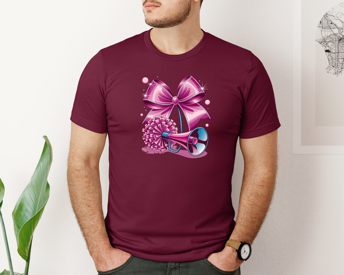 brand:Bella Canvas|color:Heather Maroon|Cheerleading Bow Pom Poms Graphic T-Shirt