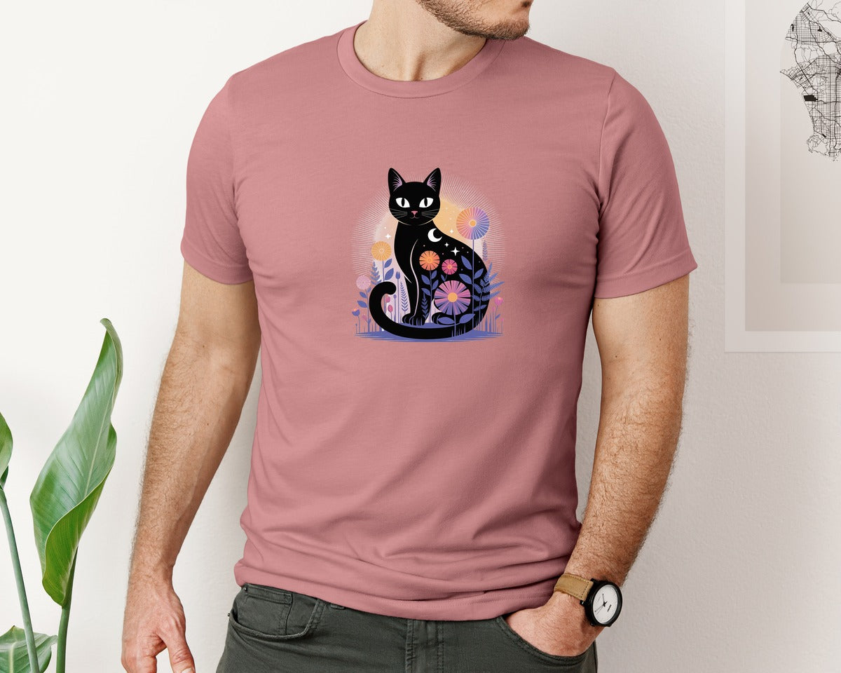 brand:Bella Canvas|color:Heather Mauve|Black Cat With Celestial Floral Motifs Graphic T-Shirt
