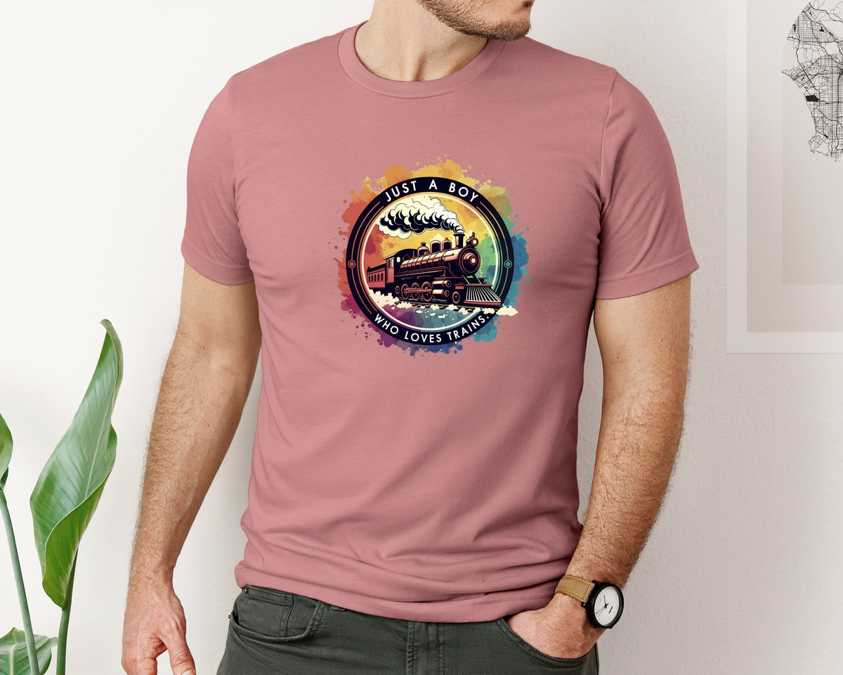 brand:Bella Canvas|color:Heather Mauve|Just A Boy Who Loves Trains Graphic T-Shirt