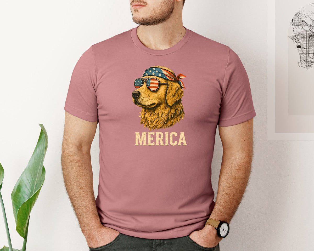 brand:Bella Canvas|color:Heather Mauve|Patriotic Dog Golden Retriever Graphic T-Shirt