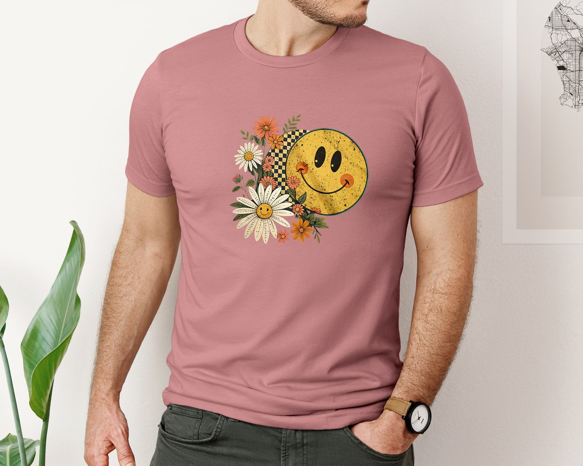brand:Bella Canvas|color:Heather Mauve|Floral Fall Smiley Face 3 Graphic T-Shirt