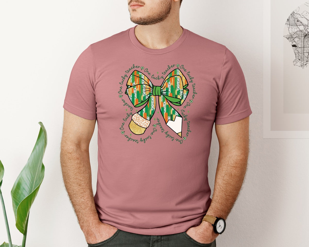 brand:Bella Canvas|color:Heather Mauve|One Lucky Teacher Bow 2 Graphic T-Shirt