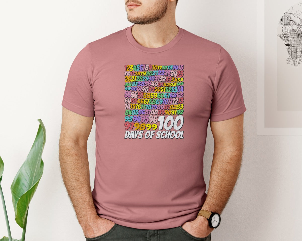 brand:Bella Canvas|color:Heather Mauve|100 Days Of School Math Numbers Graphic T-Shirt