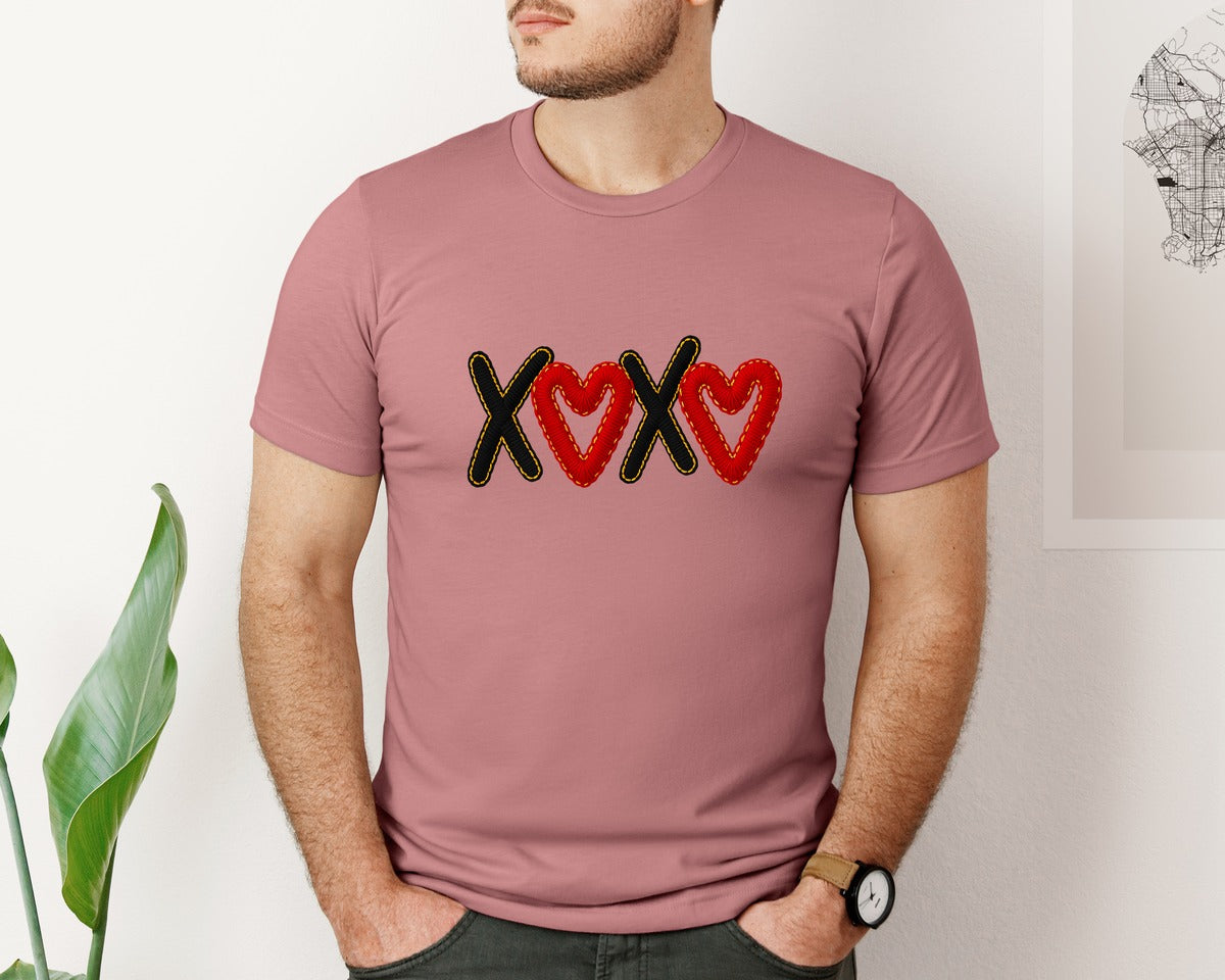 brand:Bella Canvas|color:Heather Mauve|Yarn Crochet Xoxo Love Valentines Graphic T-Shirt