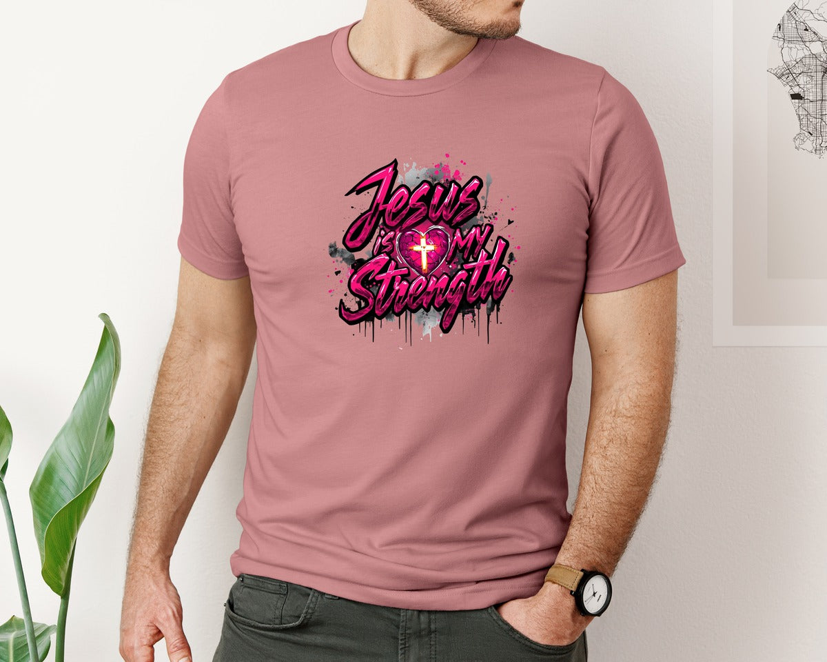 brand:Bella Canvas|color:Heather Mauve|Jesus Is My Strength Christian Graphic T-Shirt
