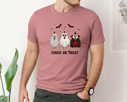 brand:Bella Canvas|color:Heather Mauve|Chick Or Treat Spooky Farm Animal Graphic T-Shirt