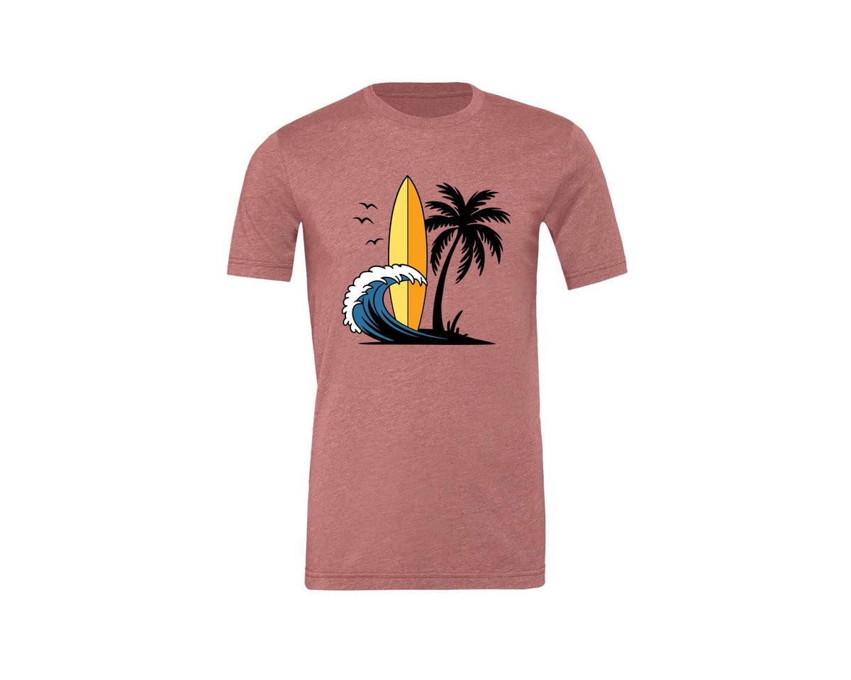 brand:Generic|color:Heather Mauve|Surfboard With Ocean Wave And Palm Tree Graphic T-Shirt