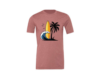 brand:Generic|color:Heather Mauve|Surfboard With Ocean Wave And Palm Tree Graphic T-Shirt