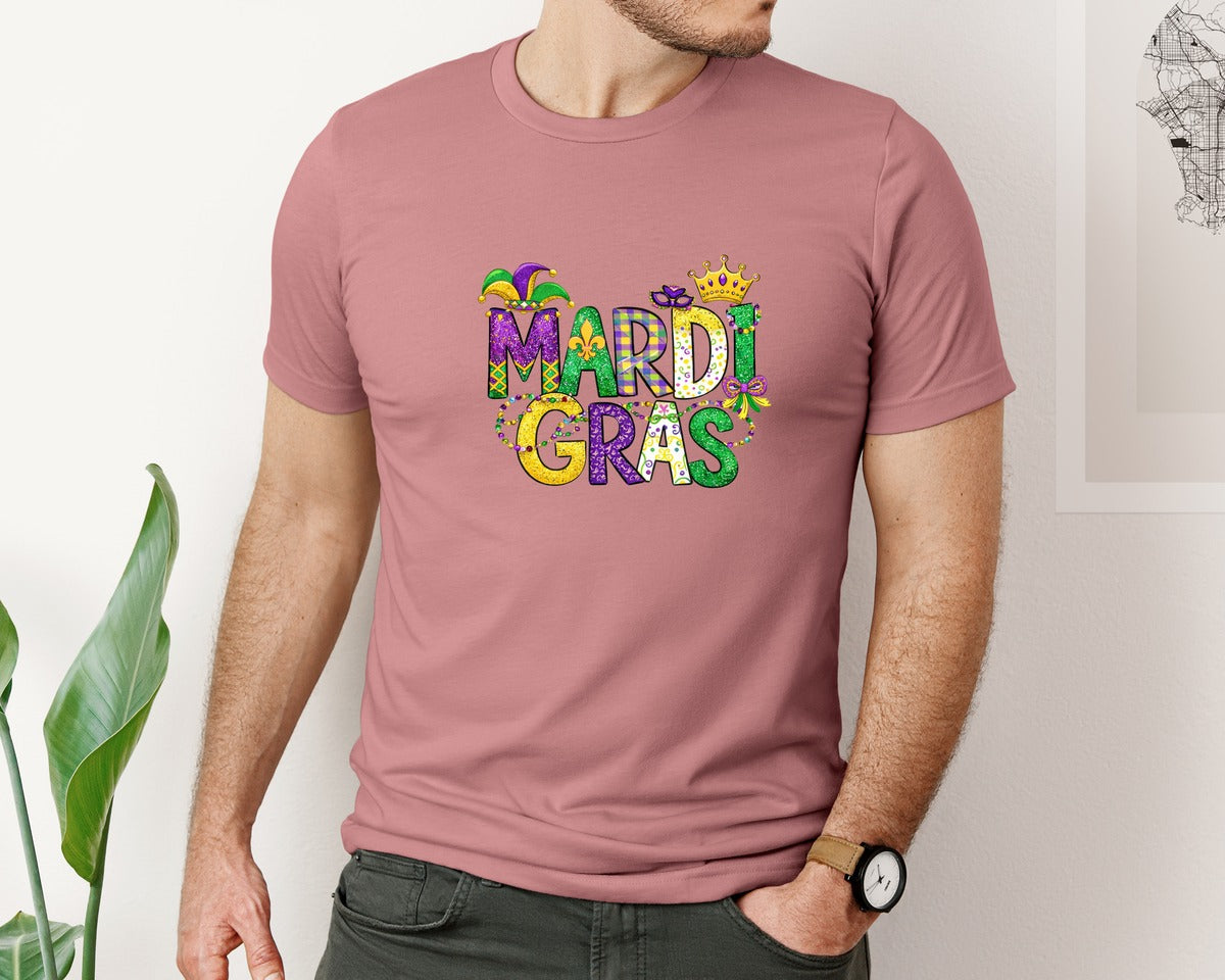 brand:Bella Canvas|color:Heather Mauve|Glitter Mardi Gras Doodles Mardi Graphic T-Shirt