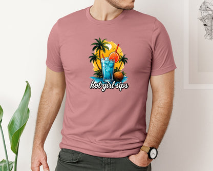 brand:Bella Canvas|color:Heather Mauve|Hot Girl Sips T Shirt Design Graphic T-Shirt